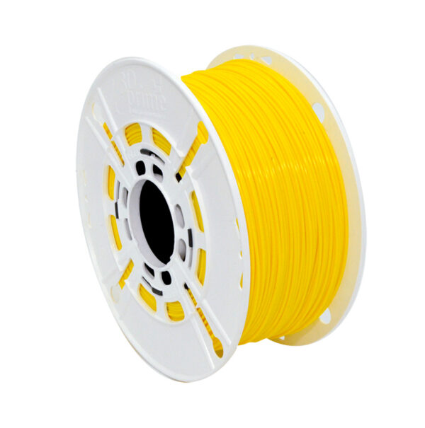 Filamento para impressora 3D de cor amarelo, bobinado em carretel branco.