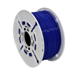 Filamento para impressora 3D de cor azul, bobinado em carretel branco.