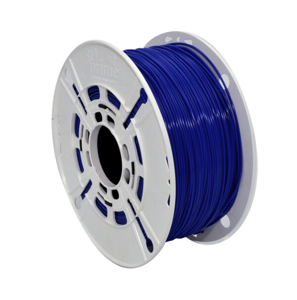 Filamento para impressora 3D de cor azul, bobinado em carretel branco.