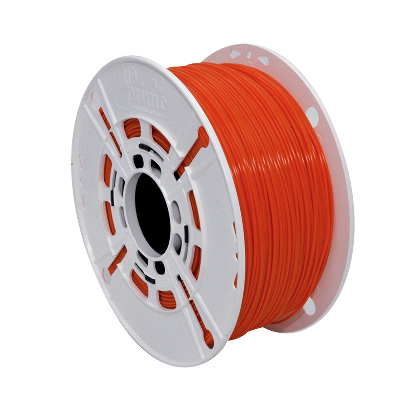 Filamento para impressora 3D de cor laranja, bobinado em carretel branco.
