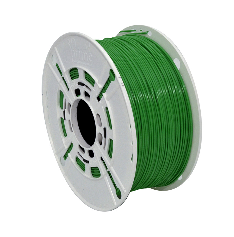 Filamento para impressora 3D de cor verde, bobinado em carretel branco.
