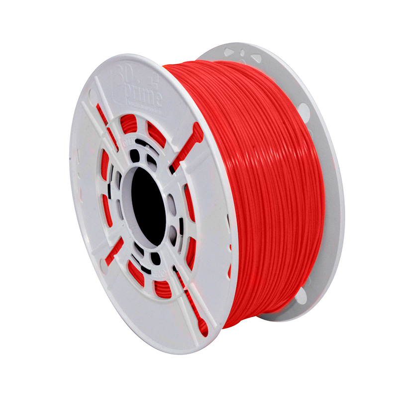 Filamento para impressora 3D de cor vermelho, bobinado em carretel branco.